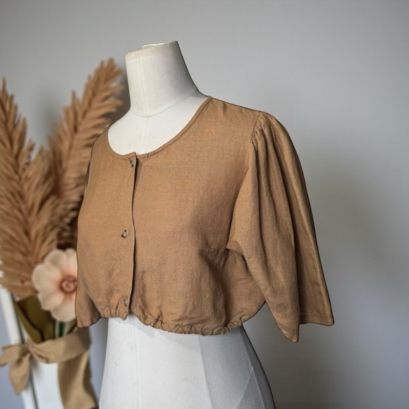 First Rite Tops - First Rite  Caramel Brown Crop  Blouse - Button Down - 100% Linen